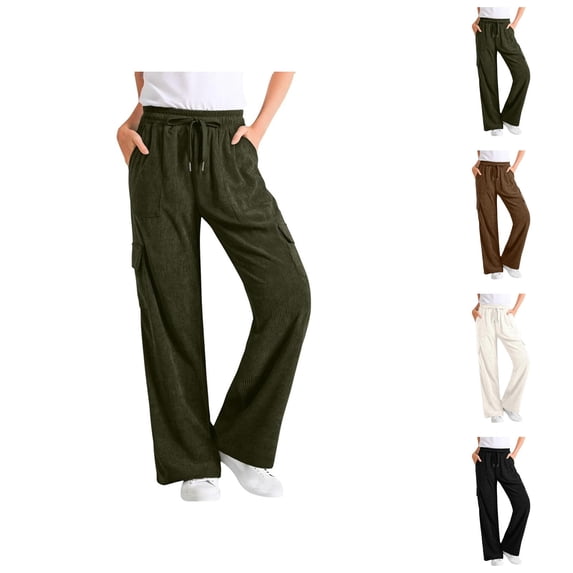 Corduroy Lounge Pants Women 2026 Trendy Elastic High Waist Wide Straight Leg Casual Loose Cargo Pants