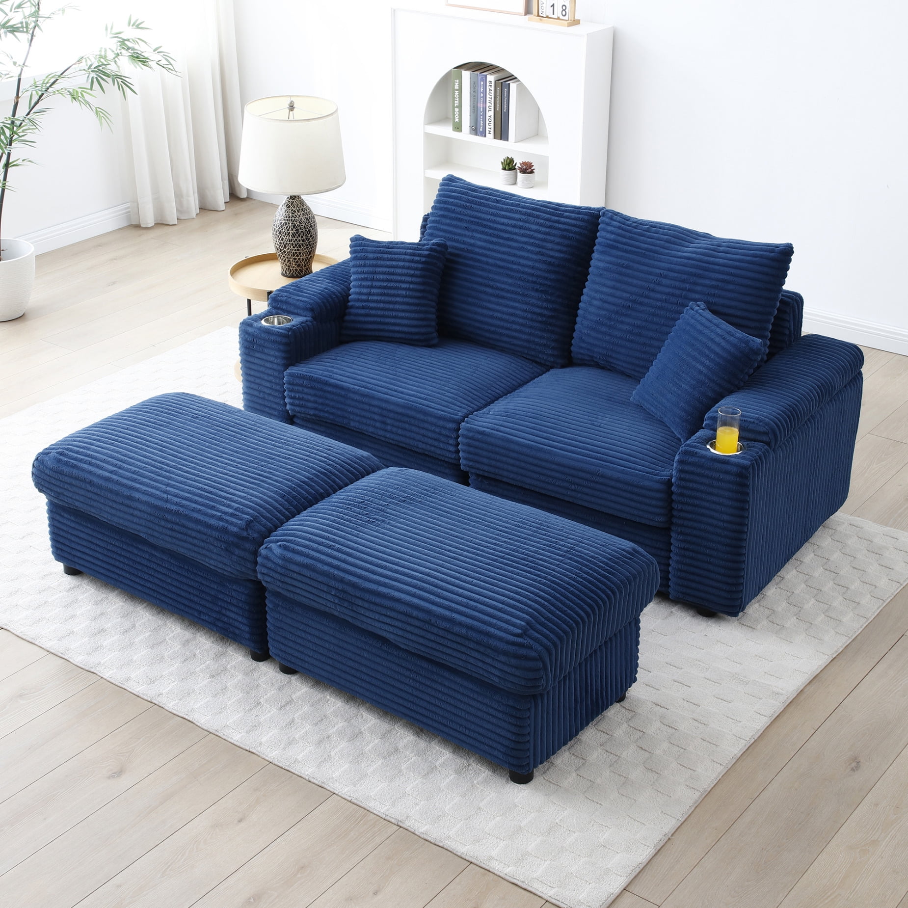 Corduroy Loveseat with Ottomans, Oversized Chaise Lounge with Cup