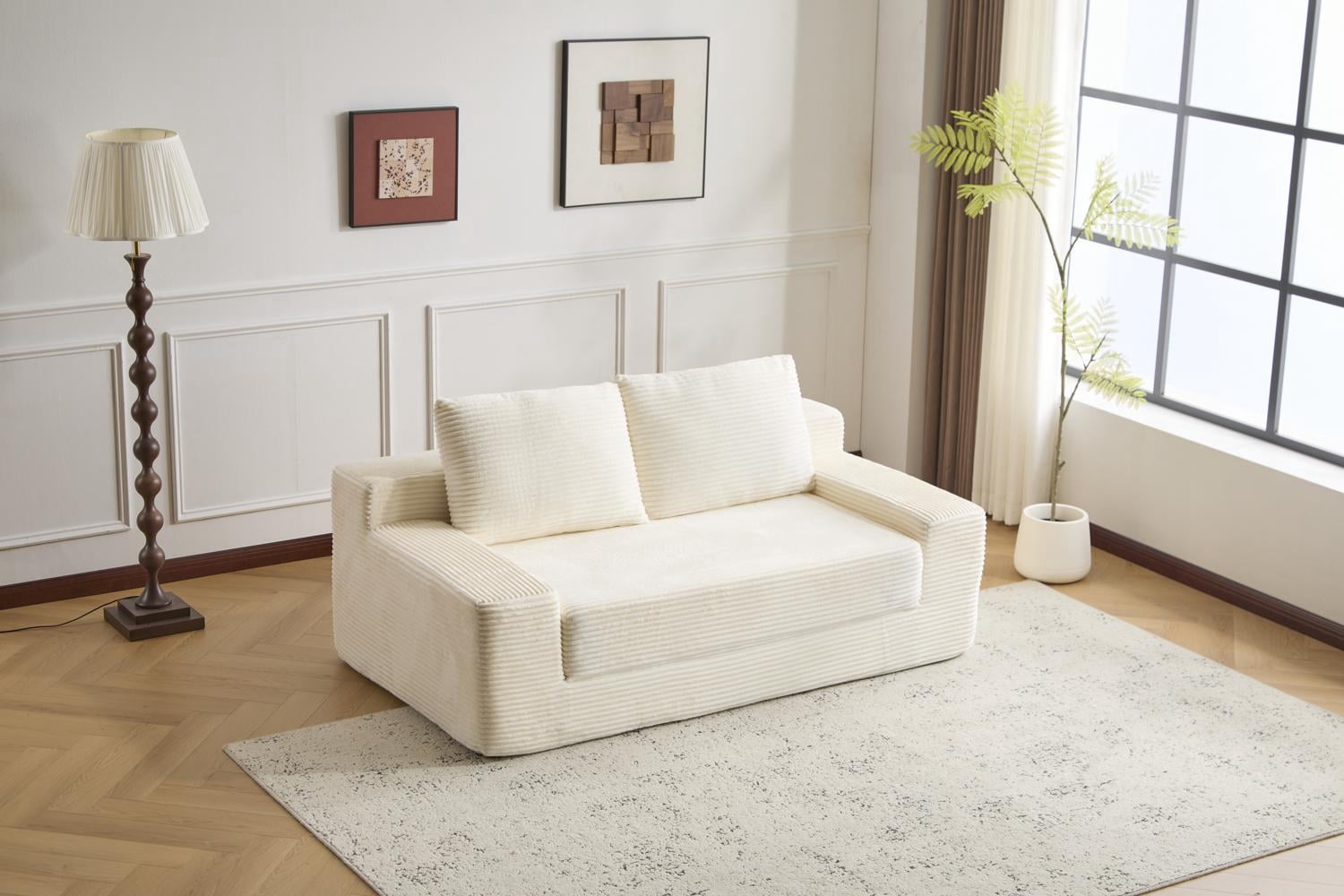 Corduroy Loveseat Sofa, Deep Seat Couch, No Assembly Bean Bag Sofa with Reversible Cushion and Pillows, 600 Lbs Capacity, 71.7 Inch White for Living Room Bedroom Apartment