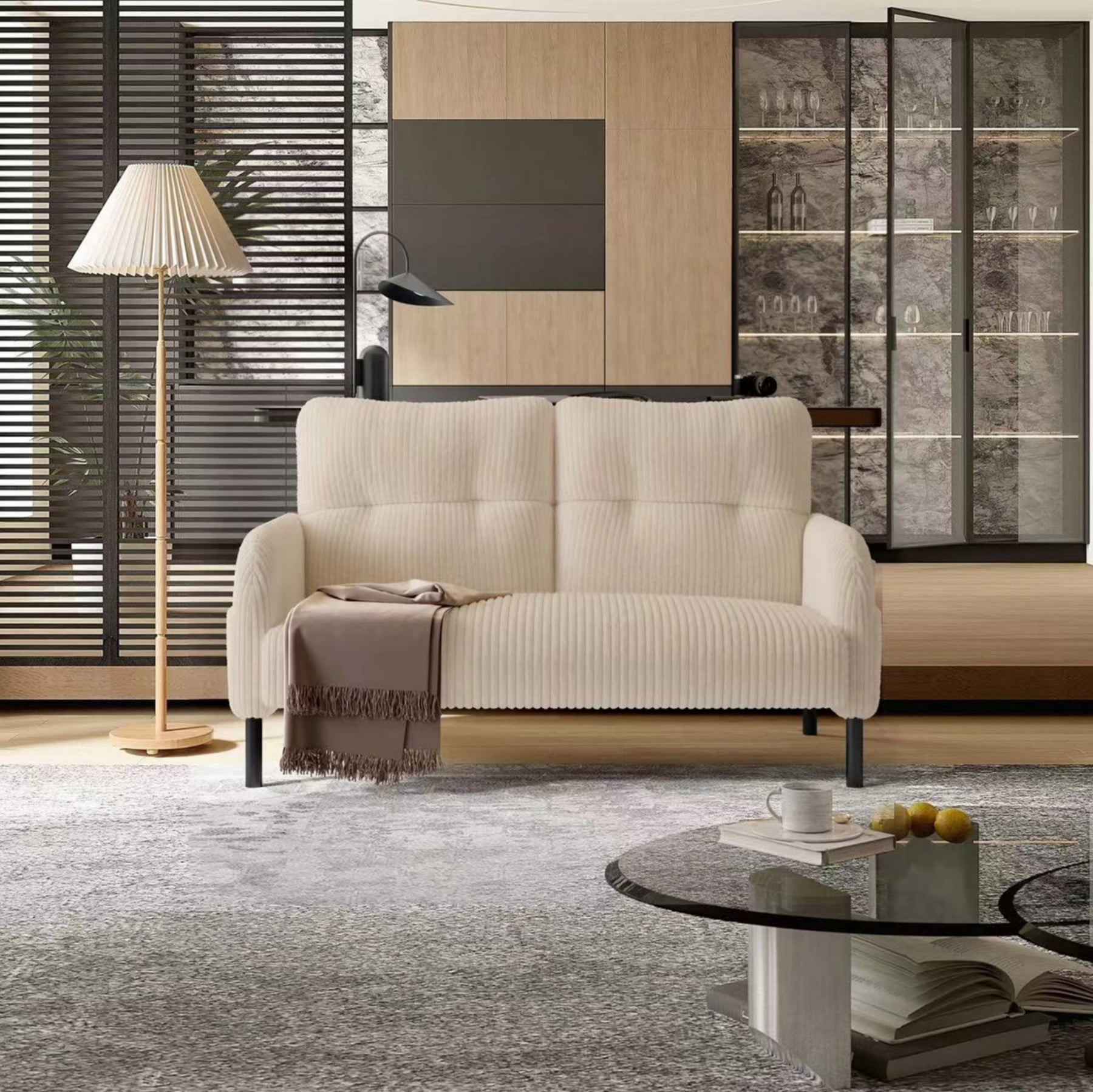 Corduroy Loveseat Sofa, Modern Upholstered Double Sofa Couch with Side Pockets for Living Room Bedroom Apartment, Beige