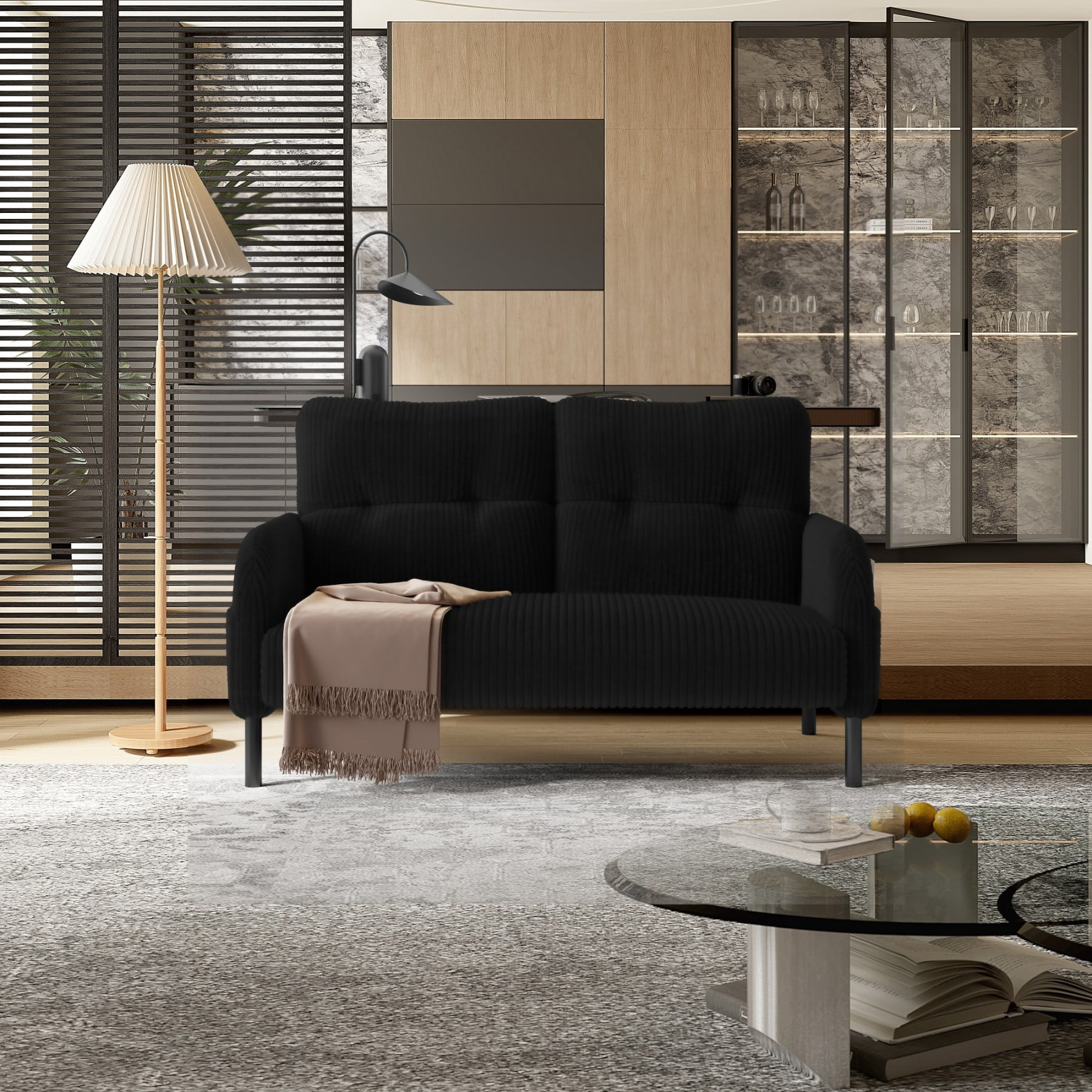 Corduroy Loveseat Sofa, Modern Upholstered Double Sofa Couch with Side Pockets for Living Room Bedroom Apartment, Black