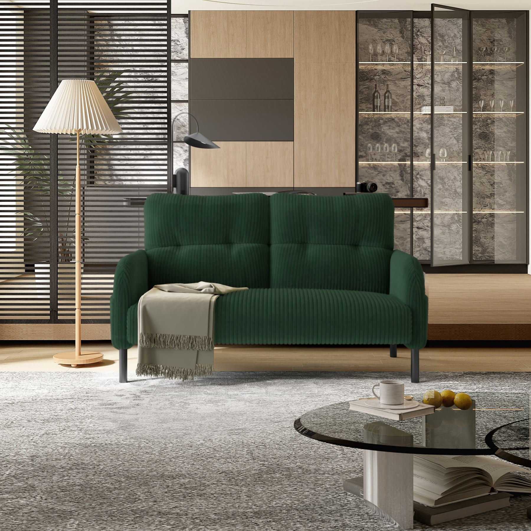 Corduroy Loveseat Sofa, Modern Upholstered Double Sofa Couch with Side Pockets for Living Room Bedroom Apartment, Emerald
