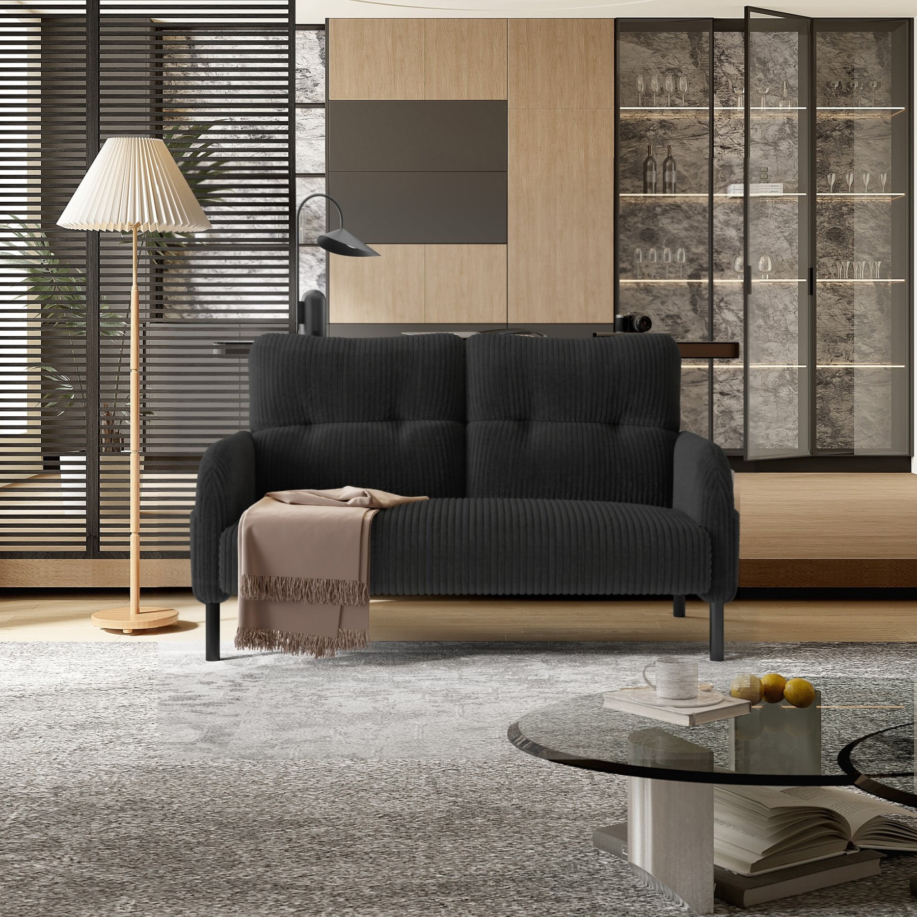 Corduroy Loveseat Sofa, Modern Upholstered Double Sofa Couch with Side Pockets for Living Room Bedroom Apartment, Gray