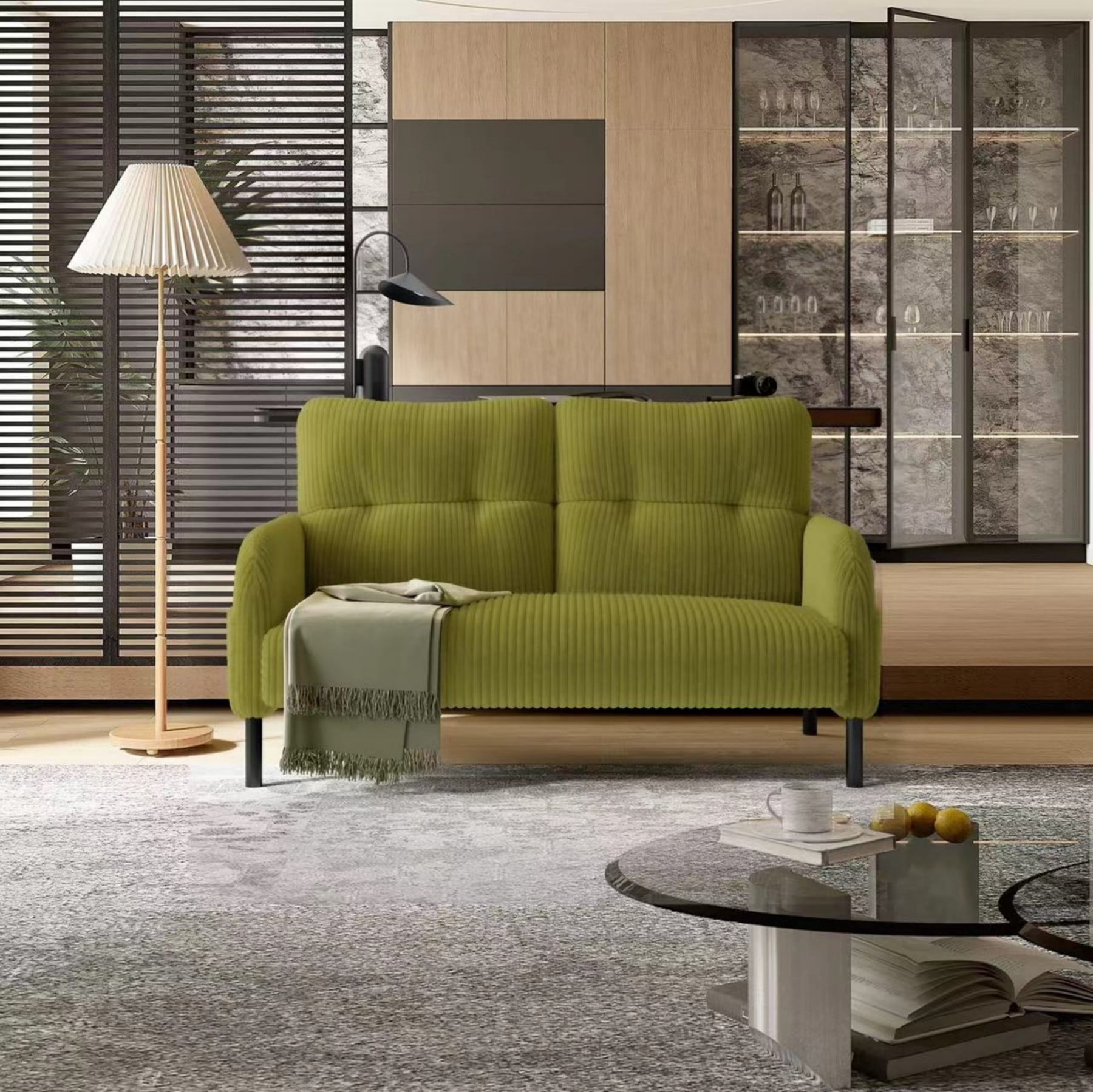 Corduroy Loveseat Sofa, Modern Upholstered Double Sofa Couch with Side Pockets for Living Room Bedroom Apartment, Olive Green
