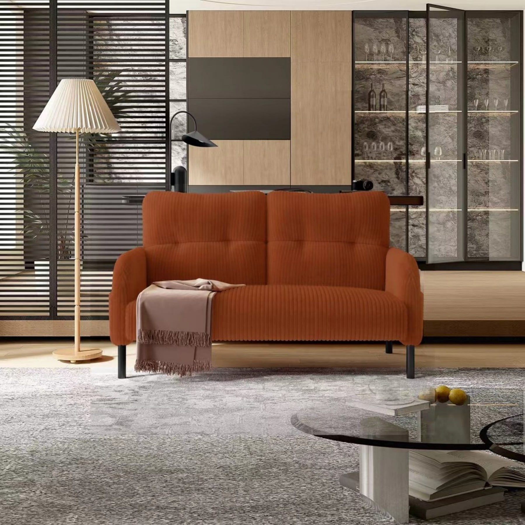 Corduroy Loveseat Sofa, Modern Upholstered Double Sofa Couch with Side Pockets for Living Room Bedroom Apartment, Orange