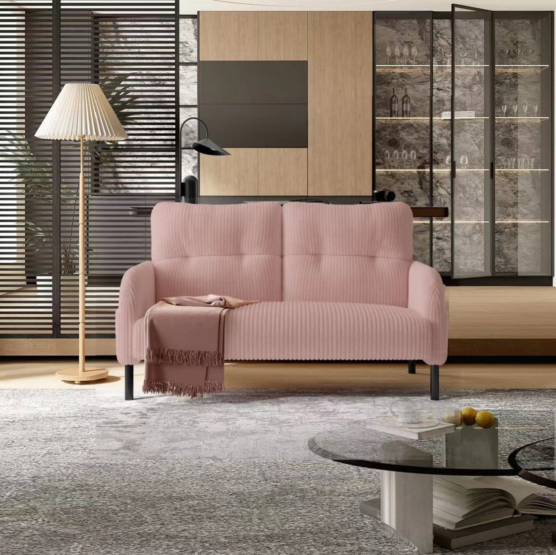 Corduroy Loveseat Sofa, Modern Upholstered Double Sofa Couch with Side Pockets for Living Room Bedroom Apartment, Pink