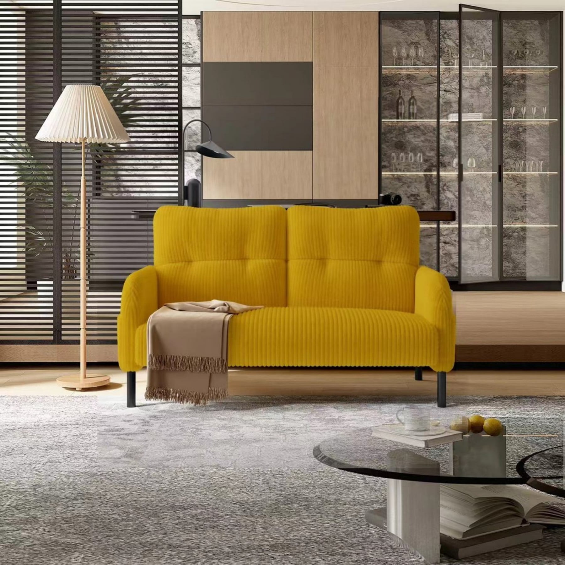 Corduroy Loveseat Sofa, Modern Upholstered Double Sofa Couch with Side Pockets for Living Room Bedroom Apartment, Yellow