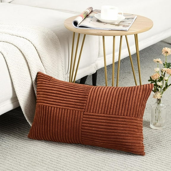 Boho Striped Corduroy Pillow Cover 12x20 Inch, Rustic Lumbar Cushion Case for Living Room, Farmhouse Decor, Terracotta Brown