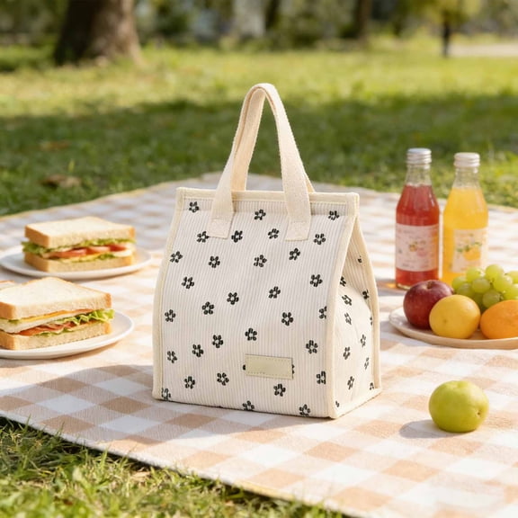 Corduroy Lunch Bag for Women Men Cute Lunch Bag Insulated Lunch Box with Large Capacity (7.5L) Reusable Lunchbag for Work, Picnic, Beach or Travel