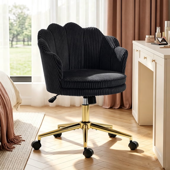 Corduroy Makeup Vanity Chair with Wheels, Rocking Swivel Adjustable Desk Chair, Ergonomic Computer Task Chair for Home Office & Bedroom, Black