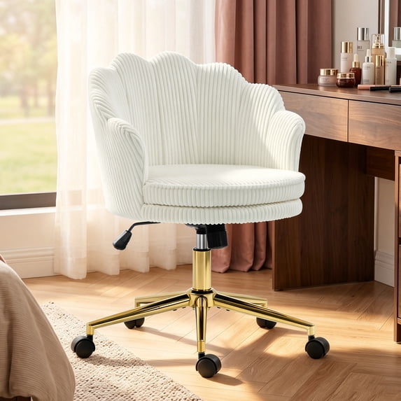 Corduroy Makeup Vanity Chair with Wheels, Rocking Swivel Adjustable Desk Chair, Ergonomic Computer Task Chair for Home Office & Bedroom, White