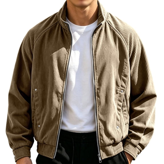 Corduroy Men's Bomber Jacket Ribbed Textured Stand Collar Zip Up Jacket Loose Casual Outer Coat With Pockets Elastic Cuffs Hoodless Outwear For Fall Winter