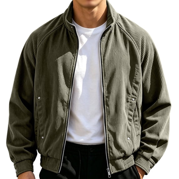 Corduroy Men's Bomber Jacket Ribbed Textured Stand Collar Zip Up Jacket Loose Casual Outer Coat With Pockets Elastic Cuffs Hoodless Outwear For Fall Winter