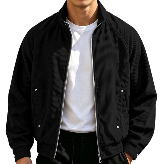 Corduroy Men's Bomber Jacket Ribbed Textured Stand Collar Zip Up Jacket Loose Casual Outer Coat With Pockets Elastic Cuffs Hoodless Outwear For Fall Winter