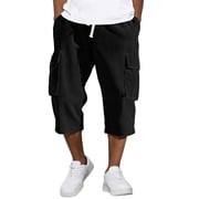 Corduroy Mens Capri Pants Cargo Long Shorts Casual Elastic Waist 3/4 Pants Multi-Pockets Below Knee Shorts Lightweight Outdoor Capri Long PantsBlack,L