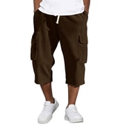 Corduroy Mens Capri Pants Cargo Long Shorts Casual Elastic Waist 3/4 Pants Multi-Pockets Below Knee Shorts Lightweight Outdoor Capri Long PantsBrown,3XL