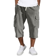 Corduroy Mens Capri Pants Cargo Long Shorts Casual Elastic Waist 3/4 Pants Multi-Pockets Below Knee Shorts Lightweight Outdoor Capri Long PantsGray,L