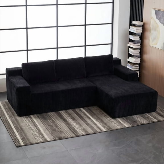 Corduroy Modular L Shaped Sectional Sofa,Luxury Floor Couch Set,Upholstered Indoor Furniture,Foam-Filled Compressed Sofa for Living Room,Bedroom,BLACK