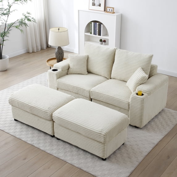 Corduroy Modular Sofa Set with Storage Ottomans & Cup Holders - Space-Saving Sectional for Small Living Rooms, Bedrooms, and Home Offices, Cream