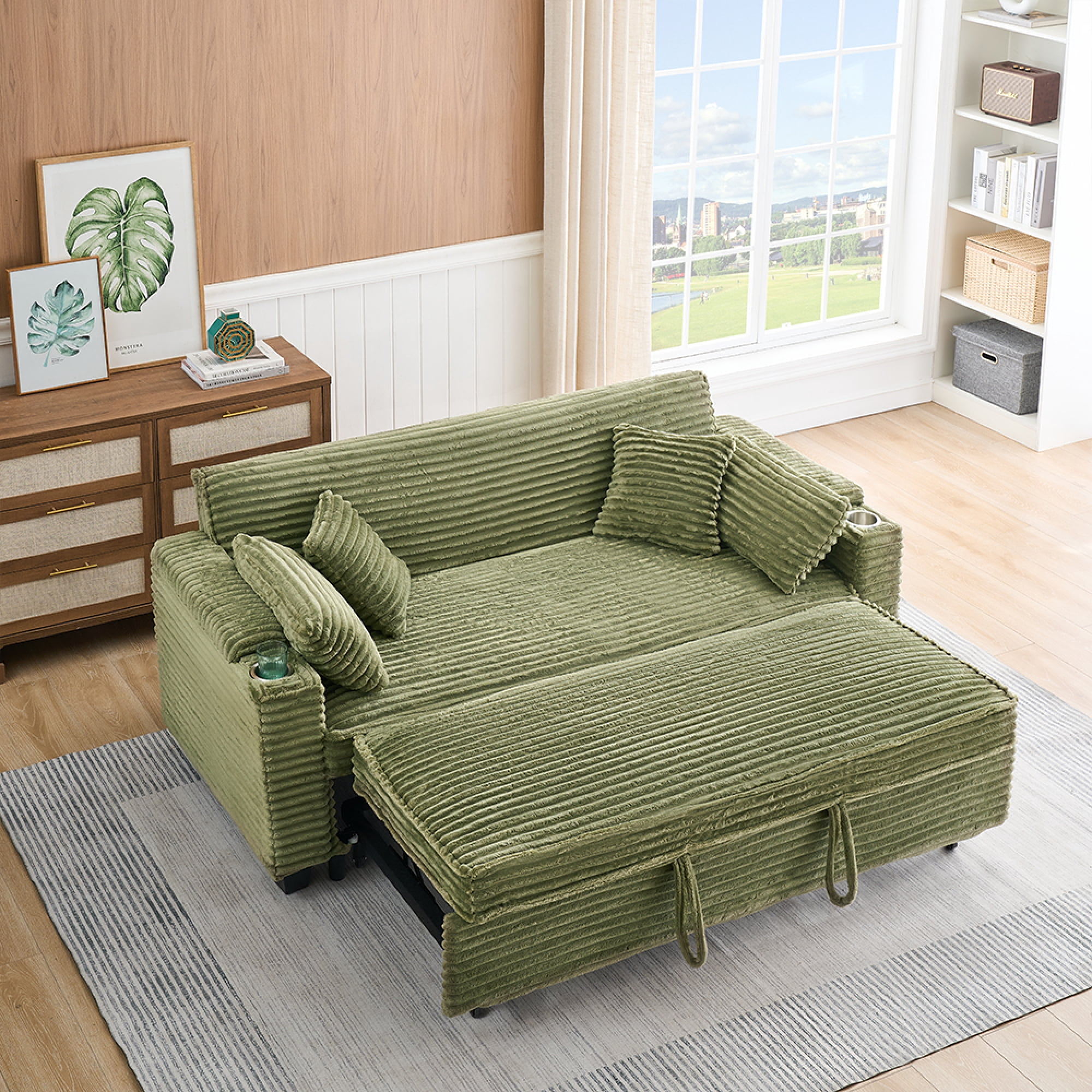 Corduroy Multifunctional Expandable Sofa Bed with Cup Holder Suitable for Living Room Apartment Bedroom