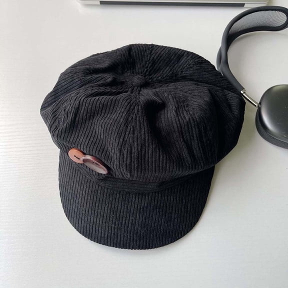 Corduroy Octagonal Cap Windproof Adjustable Berets Peaked Cap Hat For Women-black