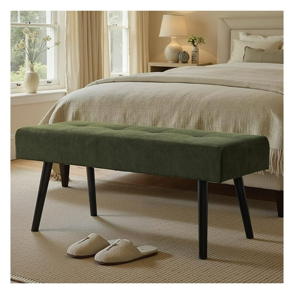 Corduroy Ottoman Bench - 39" Entryway Bench for Bedroom, Modern Padded Bench for Living Room, Foyer, Hallway - Green