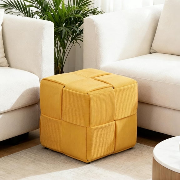 Corduroy Ottoman Foot Rest, Square Upholstered Stool with High-Density Foam and Wood Frame, 300 Lbs Capacity, Multi-Purpose Footstool for Living Room Bedroom Nursery, Yellow