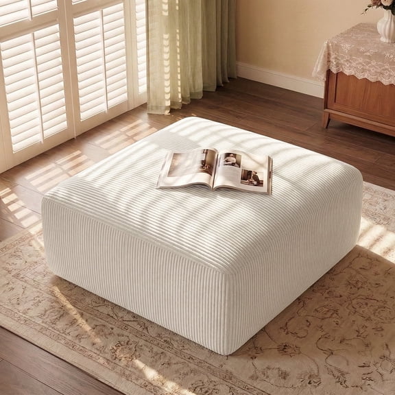 Corduroy Ottoman Pouf 40 Inch Square, Oversized Soft Foot Rest with Foam Chunk Filling, Movable Large Footstool for Living Room Bedroom, Beige, 1 Piece