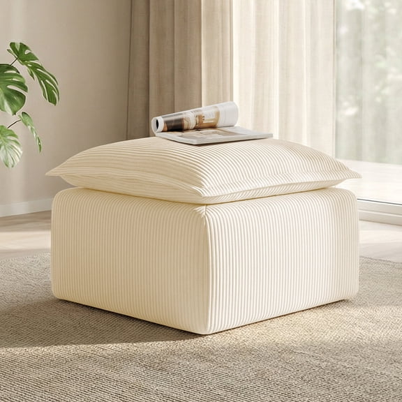 Corduroy Ottoman Pouf for Modular Sectional Sofa Upholstered Footrest Stool for Living Room Beige