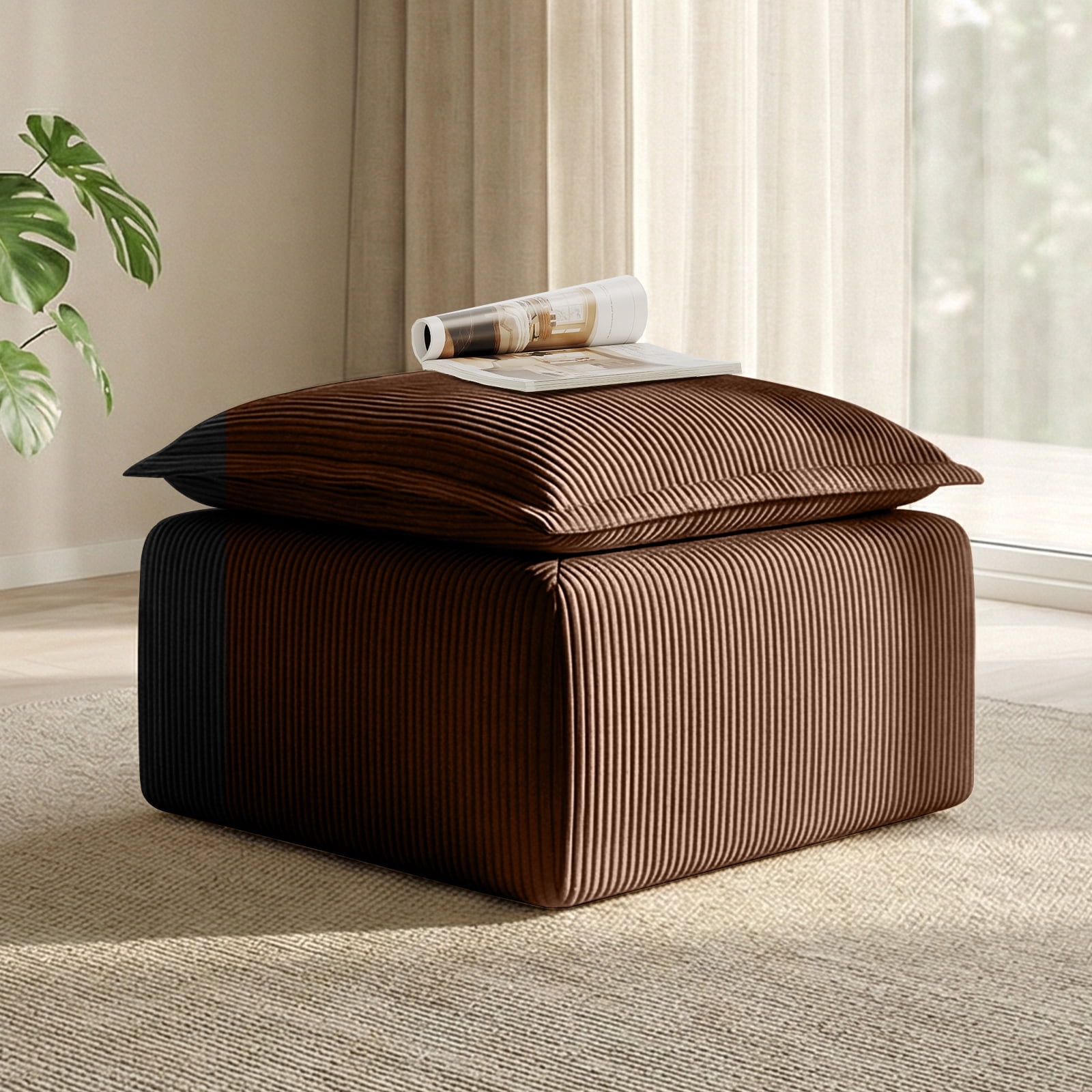 Corduroy Ottoman Pouf for Modular Sectional Sofa Upholstered Footrest Stool for Living Room Brown