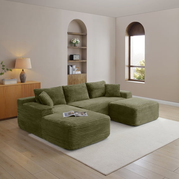 Corduroy Ottoman, Upholstered Cloud Ottoman for Boneless Couch in A Box, Compressed Memory Foam Footrest No Assembly Require,Green
