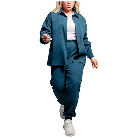 Corduroy Outfits for Women Two Piece Set Long Sleeve Vintage Button Down Shirts and Matching Pants for Going Out Streetwear,Sizes S-4XL