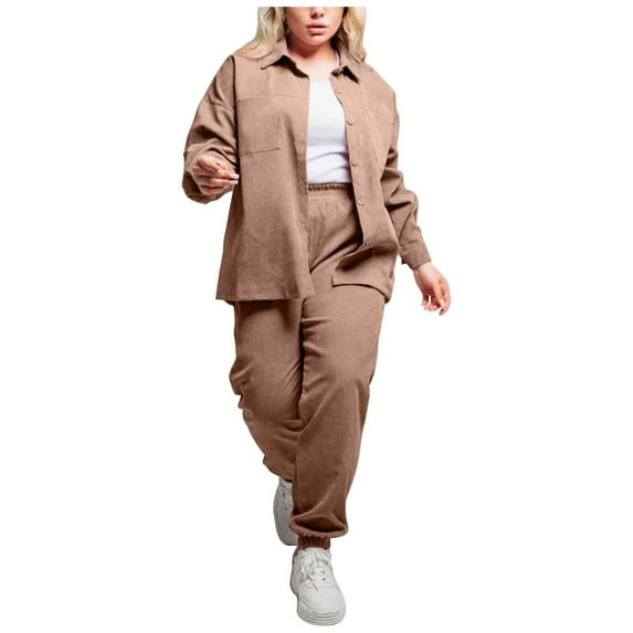 Corduroy Outfits for Women Two Piece Set Long Sleeve Vintage Button Down Shirts and Matching Pants for Going Out Streetwear,Sizes S-4XL