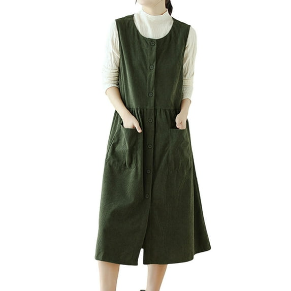 Corduroy Overall Dress Womens Button Down Sleeveless Crew Neck Vest Midi Dresses with Pockets Spring Fall Clothes (2XL, Green)