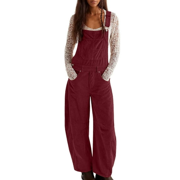Corduroy Overalls for Women Barrel Wide Leg Bib Pants Adjustable Strap Workwear Jumpsuits with Pockets