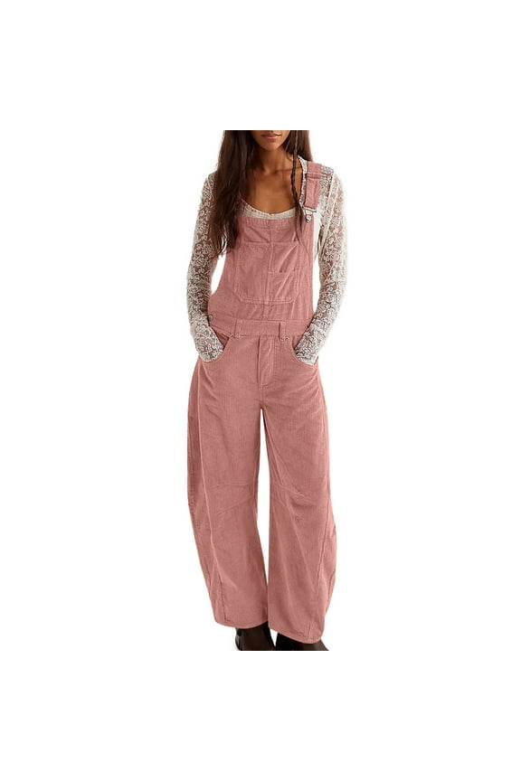 Corduroy Overalls for Women Barrel Wide Leg Bib Pants Adjustable Strap Workwear Jumpsuits with Pockets