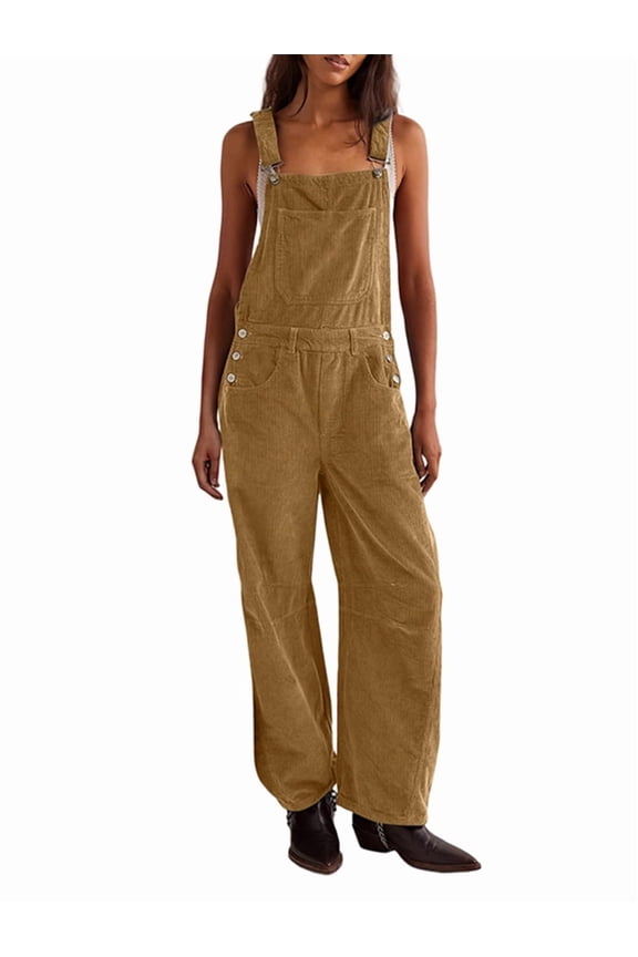 Corduroy Overalls for Women Wide Leg Bib Pants Adjustable Romper Jumpsuit with Pockets Beige L