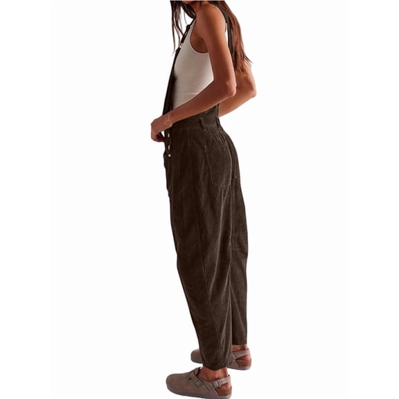 Corduroy Overalls for Women Wide Leg Bib Pants Adjustable Romper Jumpsuit with Pockets Brown L
