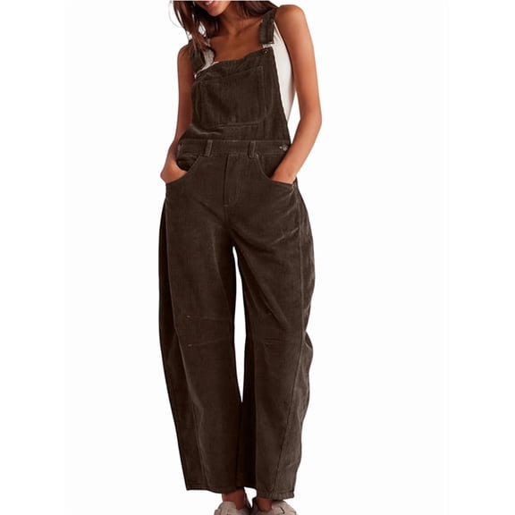 Corduroy Overalls for Women Wide Leg Bib Pants Adjustable Romper Jumpsuit with Pockets Brown XL