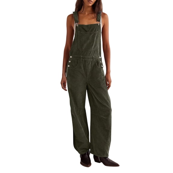 Corduroy Overalls for Women Wide Leg Bib Pants Adjustable Romper Jumpsuit with Pockets Dark Gray L