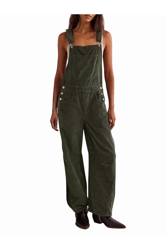 Corduroy Overalls for Women Wide Leg Bib Pants Adjustable Romper Jumpsuit with Pockets Dark Gray S