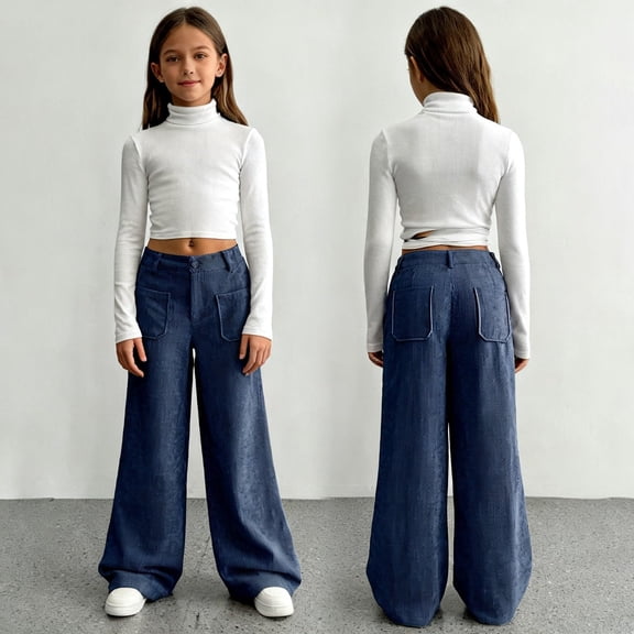 Corduroy Pants Girls Baggy Button High Waisted Wide Leg Lounge Pants Fall Casual Work Trousers with Pockets Dark Blue L