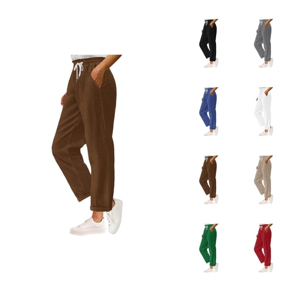 Corduroy Pants Women 2026 Trendy Elastic High Waist Drawstring Wide Straight Leg Lounge Pants with Pockets