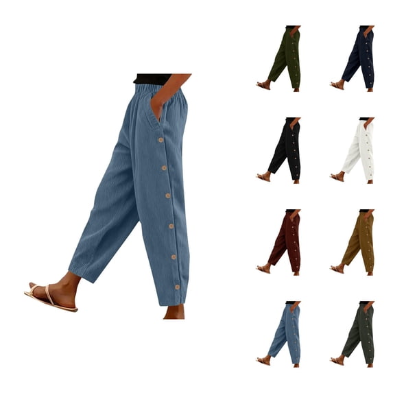 Corduroy Pants Women Elastic Waist Straight Leg Relaxed Fit Ankle Length Lounge Pants with Pockets Work Trousers