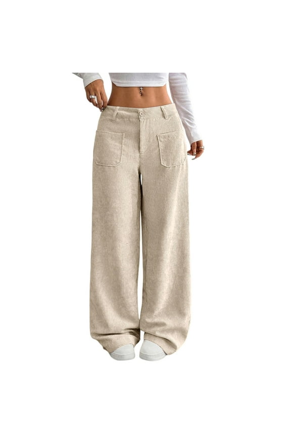 Corduroy Pants Women Baggy Tall Cord Wide Leg Trousers Elastic Waist Comfy Work Pants Soft Cozy Teacher Pant Beige L