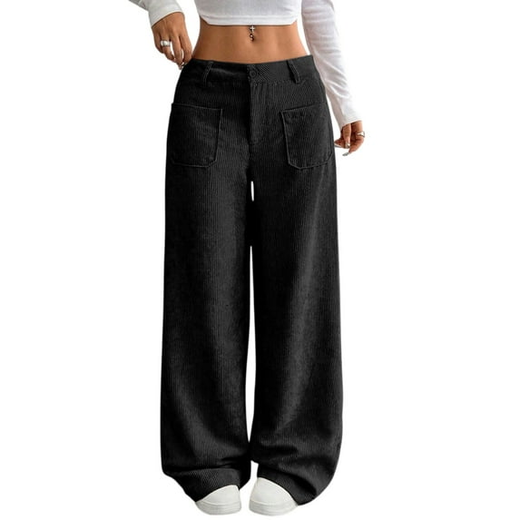 Corduroy Pants Women Baggy Tall Cord Wide Leg Trousers Elastic Waist Comfy Work Pants Soft Cozy Teacher Pant Black M