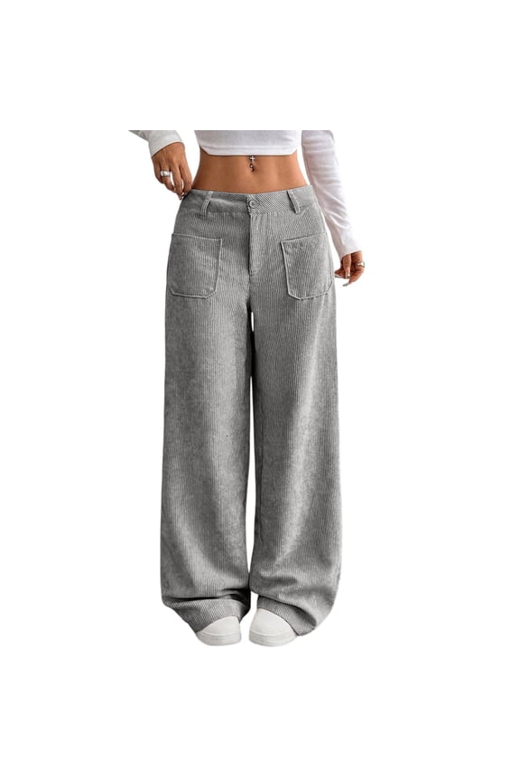 Corduroy Pants Women Baggy Tall Cord Wide Leg Trousers Elastic Waist Comfy Work Pants Soft Cozy Teacher Pant Gray M