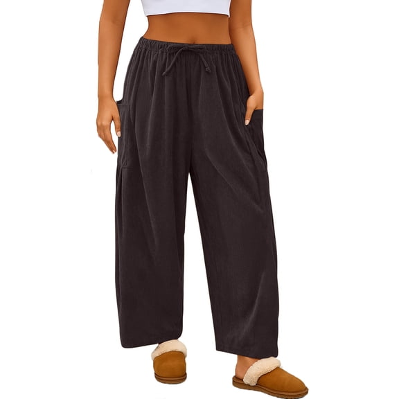 Corduroy Pants Women Barrel Wide Leg Elastic High Rise Fall Casual Trousers with Pockets Coffee L