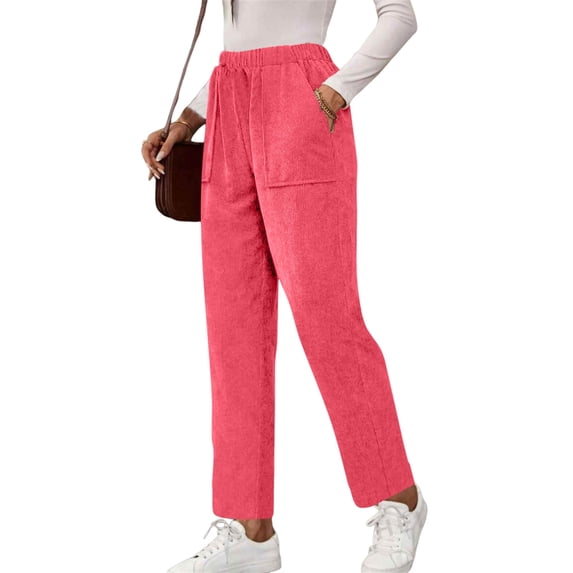Corduroy Pants Women Casual Comfy Elastic High Waisted Pull On Trousers Straight Leg Lounge Pant with Pockets Watermelon Red M