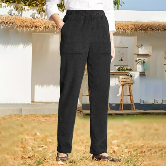 Corduroy Pants Women Casual Elastic High Waist Petite Pants Straight Leg Pants Loose Comfy Trousers with Pockets Black M